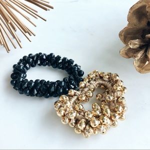 Pair of 2 black + gold jeweled scrunchies